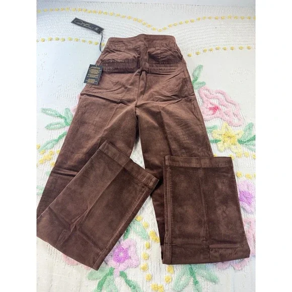 DG2 Diane Gilman Brown Velvet Moleskin Wide Leg Trousers Pants Size 0 NEW - Picture 2 of 9